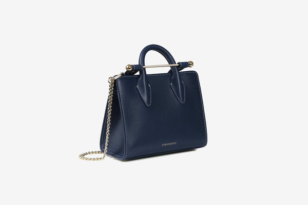 The Strathberry Nano Tote - Top Handle Leather Mini Tote Bag - Grey / Navy