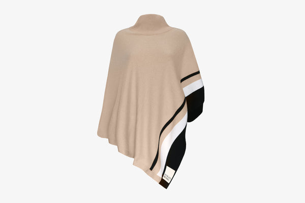 100% Cashmere Poncho - Striped Camel/Black/Vanilla